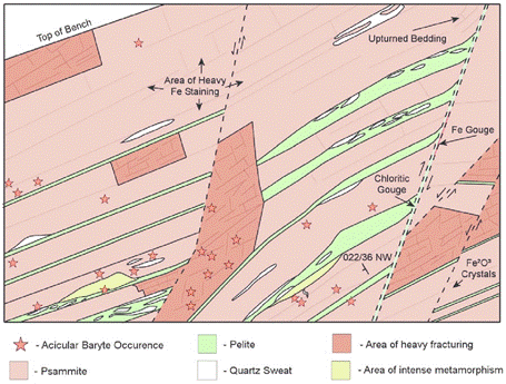 Geology of mine face (lateral view) at Cavanacaw showing the context of the baryte occurrences.  